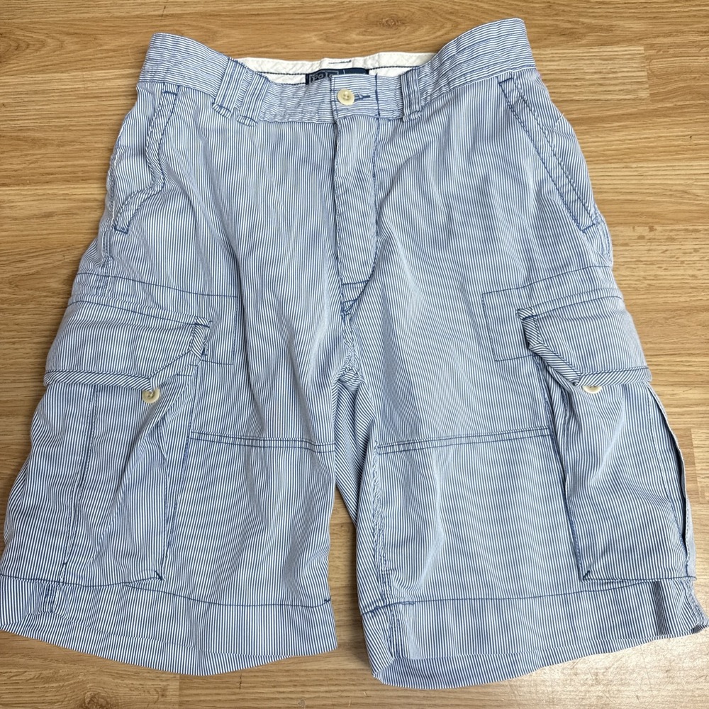 Men's Size 32 Polo‎ Blue And White Stripped Cotton Cargo  Shorts 9 In Inseam